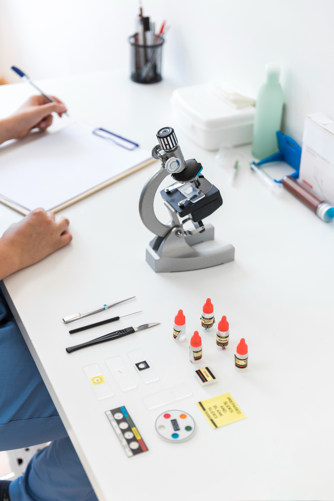 Laboratory microscope and vials